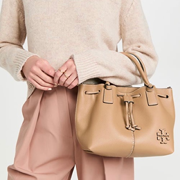 Tory Burch Mcgraw Bucket Drawstring Leather Satchel In Tiramisu - Picture 2 of 8
